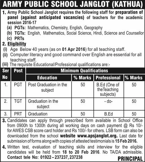 PGT, TGT, PRT recruitment 2017-18 in (APS) Army public school Kathua District