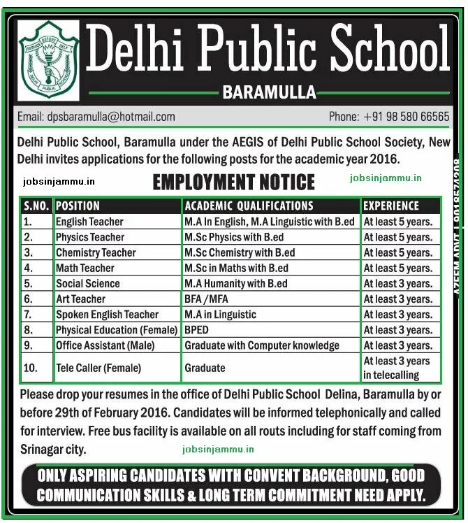 Delhi Public school Baramulla, j&k Employment notification 2016, jobs in dps school, school dps, baramulla dps, baramulla district, delhi public school