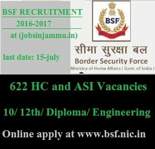 BSF Bharti 2016-2017| BORDER SECURITY FORCE 622 ASI & HC Vacancies for 12th/ Diploma/ Engineering Holders, govt jobs in BSF India 2016, http://www.bsf.nic.in