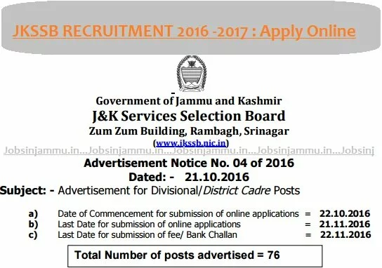 Jkssb Recruitment 2016-2017 || Apply Online for 76 Various Posts : LAST DATE 21-11-2016, advertisement no. 04 of 2016 item no. 440, 441, 442, 443, 444, 445, 446, 447, 448 notification, www.jkssb.in latest news 